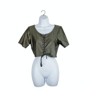 Good American Short Sleeve Lace Up Swim Top Olive Green Metallic Size 5/2XL